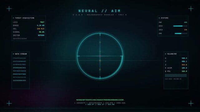 Futuristic Digital HUD Interface with Target Acquisition Reticle and Scanning Data on Dark Background