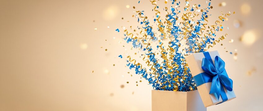 Ge&ouml;ffnete Geschenkbox mit blauer Schleife und einer festlichen Explosion aus blauem und goldenem Konfetti. Banner-Format mit viel Textfreiraum