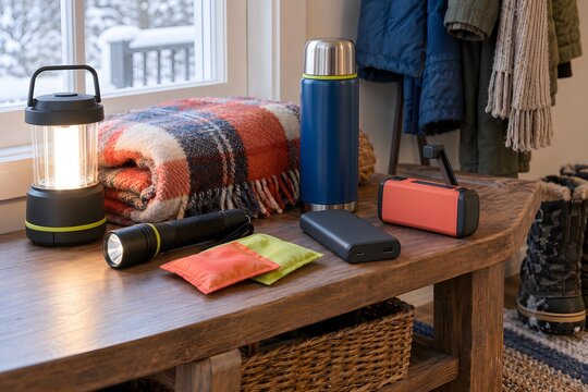 Winter power outage preparedness kit on an entryway bench