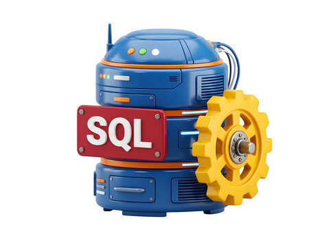 3d illustration of a blue server unit with a red sql sign and a yellow gear isolated on transparent background