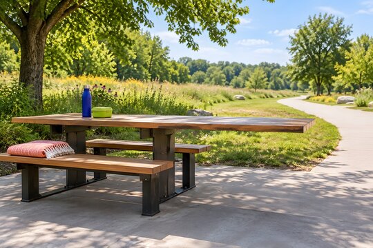 Accessible park picnic table beside a smooth paved path
