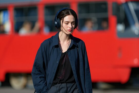 Young woman with headphones walking by red bus in city for urban lifestyle background and music commuting banner