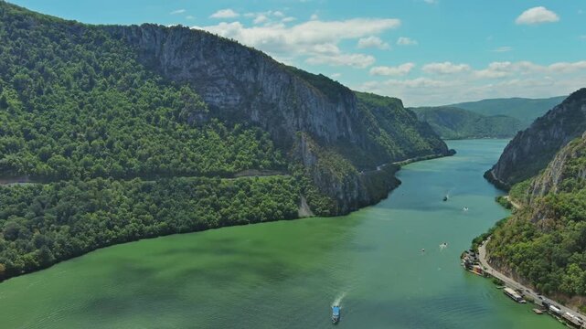 Aerial view on the Danube river and mountains in Iron Gate, Djerdap National Park, Serbia Romania border, 4k
