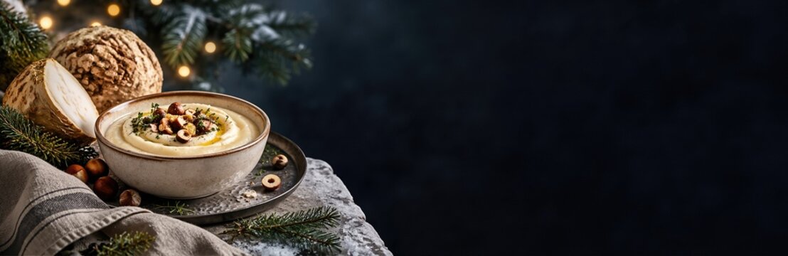 Creamy celeriac puree soup in a ceramic bowl garnished with roasted hazelnuts and green herbs on a rustic stone ledge. Festive winter holiday food banner with pine branches and dark copy space
