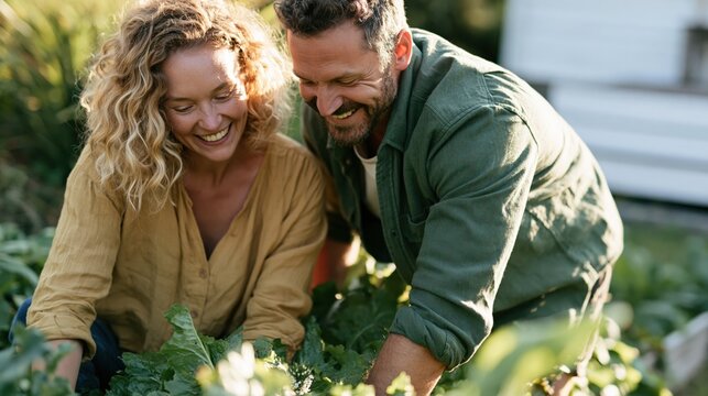 Happy couple harvesting vegetables in home garden surrounded by lush greens for natural lifestyle background and healthy living banner