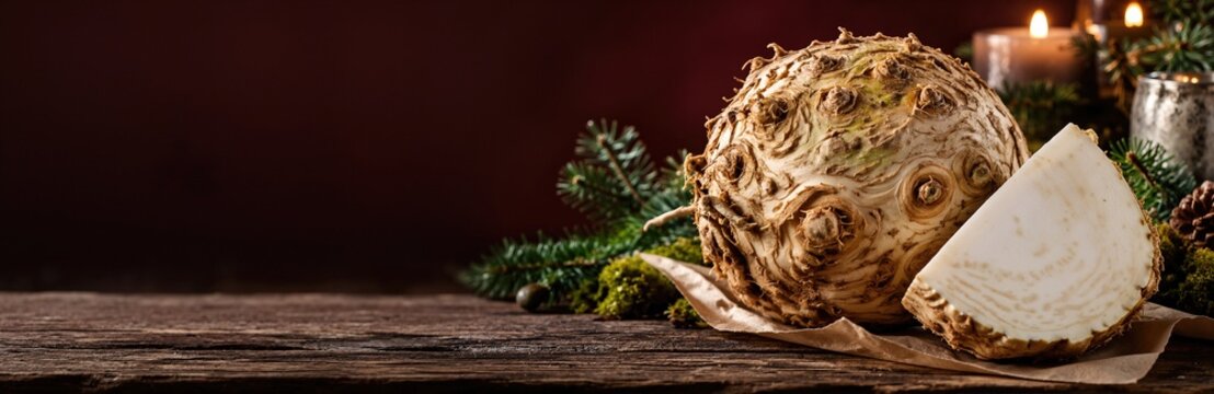 Whole fresh celeriac root and cut ivory slice on parchment paper over rustic wooden table. Healthy organic root vegetable ingredient with festive holiday evergreen decorations and copy space