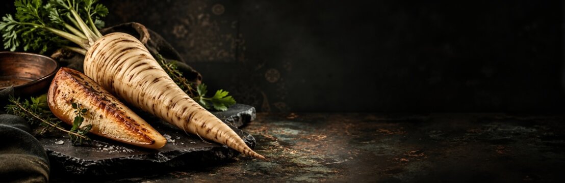 Whole raw parsnip root beside caramelized roasted parsnip wedge on dark slate board with fresh herbs. Healthy root vegetable cooking concept banner on dark background with copy space