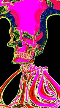 Seamless vertical video of a zombie walking skeleton isolated with alpha channel. Halloween background with cartoon illustration effect