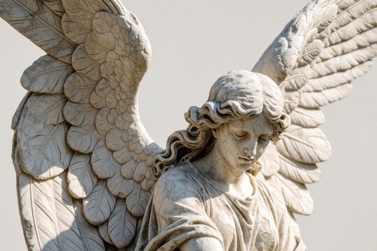 Close up of white marble angel statue with large wings. Ancient stone sculpture of winged cherub in cemetery. Religious art piece represents spirituality, faith, mourning. Beautiful religious