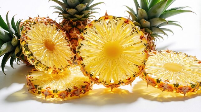 Sliced juicy pineapple reveals intricate texture and bright yellow pulp. Whole tropical fruits with green leaves sit on a clean white surface, creating a vibrant composition.