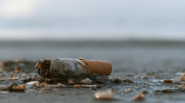 Cigarette stubs tossed on beach contribute to environmental degradation. Tobacco debris pollutes the natural landscape and harms coastal ecosystems.