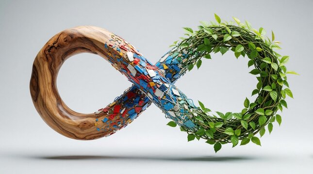 3D infinity symbol shows transition from wood to plastic waste to green leaves. Concept of recycling loop, eco transformation. Sustainable life cycle moves from organic matter to pollution, back to