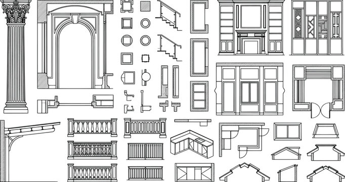 Architectural design elements set including columns, arches, railings, staircases, and window profiles for interior and exterior