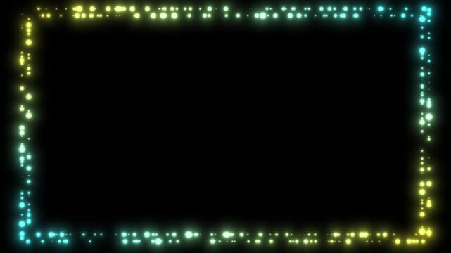 Neon loop frame glow dot border, light border with glowing yellow and cyan dots, abstract light frame abstract glowing graphic element for backgrounds on black background. 4k video