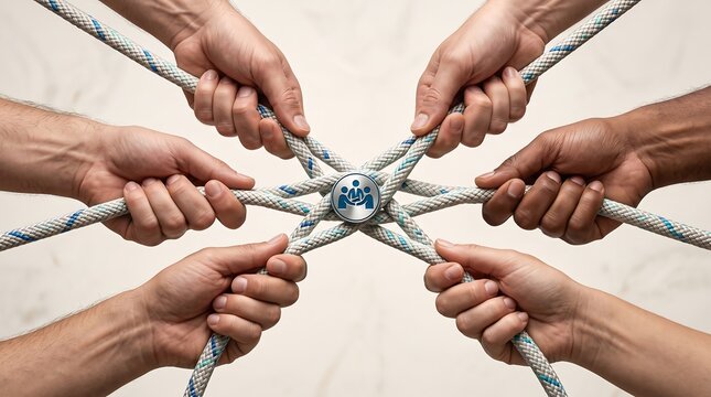 Diverse group of people pulling on ropes together demonstrating teamwork and collaboration