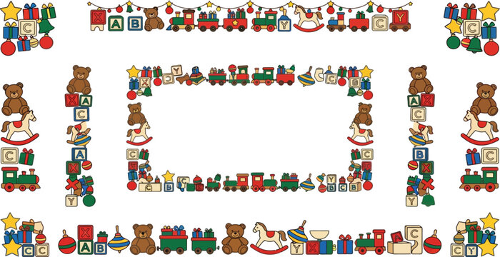 Christmas holiday border and frame set with classic toys toy train rocking horse teddy bear alphabet blocks gift boxes toy collection holiday decor christmas decoration kids toys toy graphic