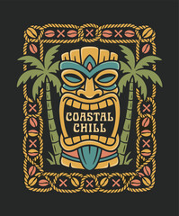 Obraz premium Coastal chill tiki mask artwork. Tropical palm tree design. Vintage island vibe t shirt print.