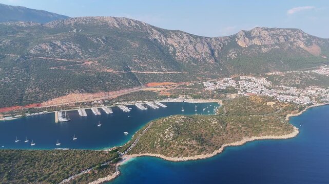 Aerial Panorama of Kas Harbor, Town Center, and Mediterranean Coastline