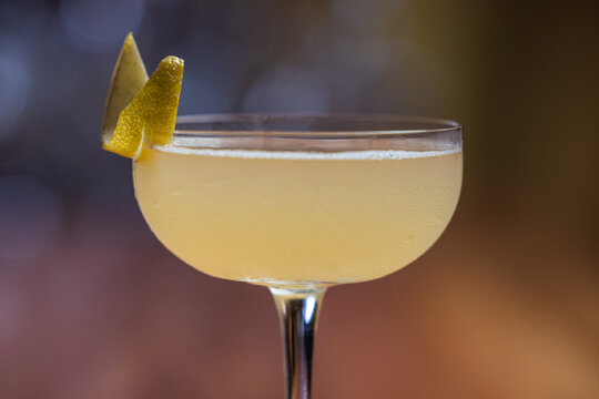 Elegant cocktail, the Bees Knees in coupe glass. Lemon twist adorns the rim. Warm wood table. Perfect for bar, lounge