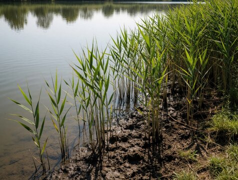 Common reed plants grow on muddy bank of calm lake. Green phragmites australis vegetation grows in wetland ecosystem near water edge. Natural marshland scenery shows wild aquatic flora on river shore