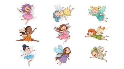 Fototapeta premium Collection of fairy characters performing aerial poses in whimsical style with vibrant colors and fantasy elements