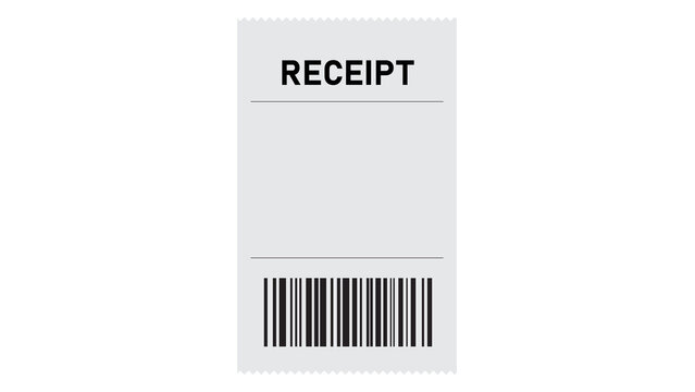 White retail receipt template featuring the word receipt printed at the top and a barcode at the bottom template purchase transaction illustration isolated business commerce shopping