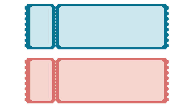 Pair of blank admission tickets with colorful light blue and light red borders admission template perforated vouchers entertainment reserved activity isolated rectangles documents