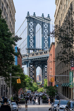 Manhattan Bridge framed by Washington Street in DUMBO, Brooklyn