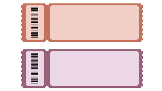 Blank ticket stubs set with barcode in pink and purple colors for concert movie or event admission graphic template ticket stub cinema ticket paper ticket entry pass graphic element isolated
