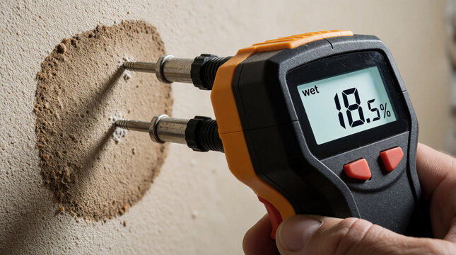 Hand holds digital moisture meter with probes inserted into damaged drywall. Device shows 18. 5 percent wetness level. Pro inspector checks wall for hidden water leak dampness in basement.