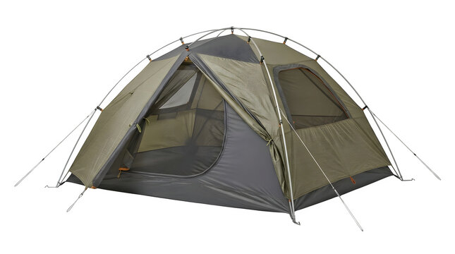 A modern domestyle camping tent with olive green and dark grey fabric, isolated on transparent background
