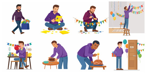 Fototapeta premium Set of flat vector illustrations of a man preparing a surprise birthday party, shopping, making decorations, baking cake, and hanging banners.