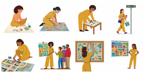 Fototapeta premium Set of diverse women urban planners and cartographers working on neighborhood maps for community development