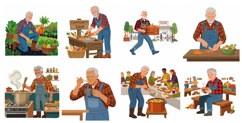 Fototapeta premium Senior man volunteering in a community soup kitchen from harvesting garden vegetables to cooking and serving healthy food to people, charity concept vector illustration set.