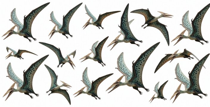 Multiple pterosaurs fly in dynamic aerial poses against a white background. These prehistoric reptiles with large wings show freedom and movement.
