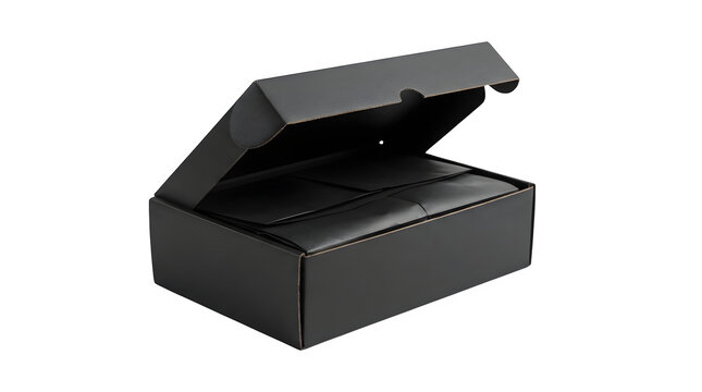Open black cardboard shipping box with black tissue paper inside isolated on transparent background