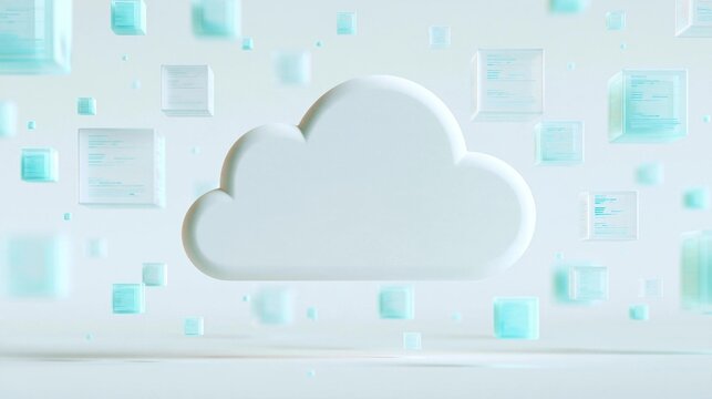 White cloud in the center of a light blue background. the cloud is in the shape of a cloud and is surrounded by small squares of different sizes and colors.