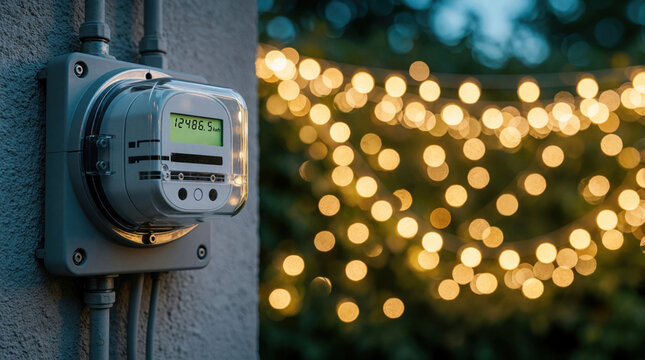 Modern smart electric meter on wall tracks household energy use. Digital display shows kWh consumption. Blurred outdoor lights create bokeh effect. Represents efficient power management, connected