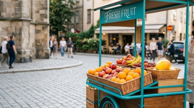 Fresh fruit cart with mango and pomegranates on a cobblestone street corner, bright natural light, vibrant colors, urban market scene
