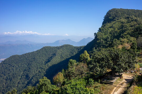 Forested mountain ridge overlooks snow-capped Himalayan peaks in the distance near Bandipur, Nepal on a clear day.
