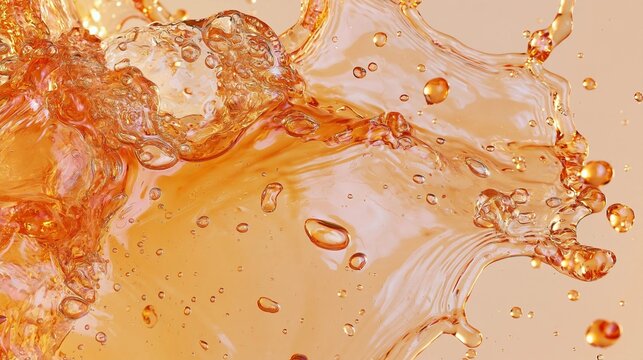Abstract close-up of a splash of orange liquid. the liquid appears to be in motion, with droplets of water cascading down from the top left corner to the bottom right corner.