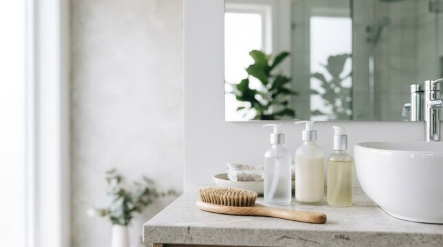 Natural bristle hairbrush and skincare bottles on a clean bathroom vanity countertop next to a white sink