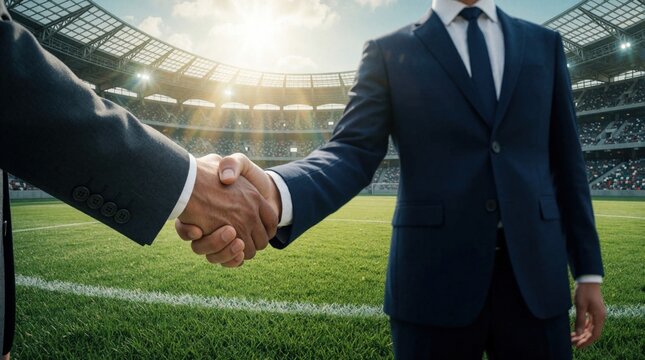Two men in suits shake hands on a green football field in front of a stadium crowd. A sports deal is finalized with agreement and handshake on grass pitch.