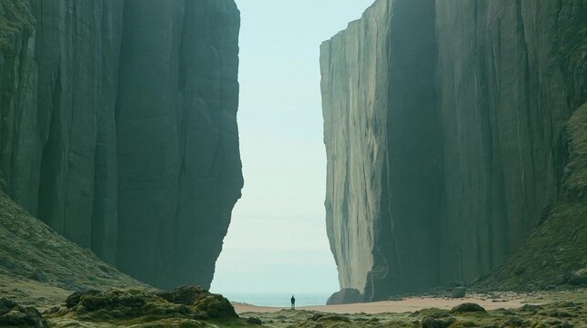 Person standing in the middle of a narrow canyon. the canyon walls are made of large, jagged rocks and are covered in greenery. the sky is overcast and the water is visible in the background.