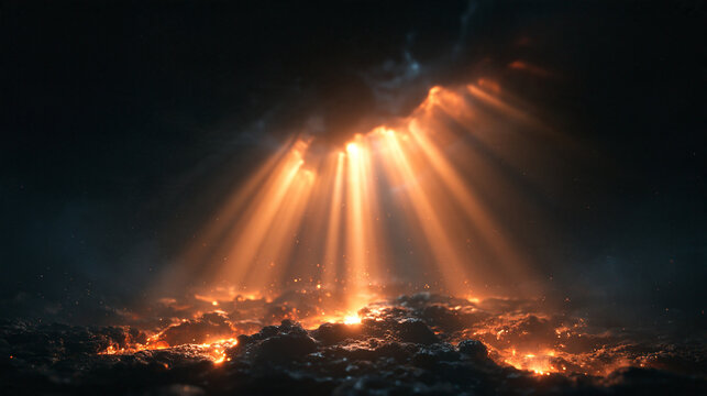 Sunbeams Shining Through Dark Clouds over Scorched Earth