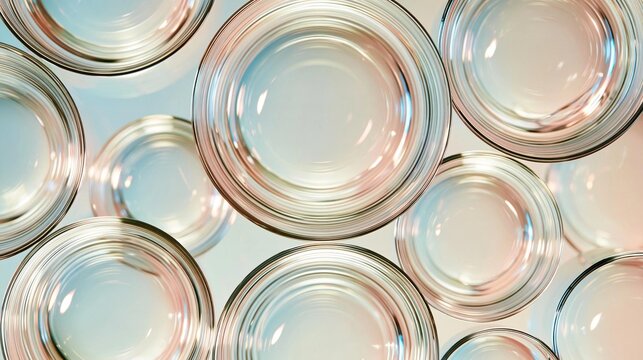 Close-up of a group of circular objects that appear to be floating in the air. the objects are of different sizes and colors, with some being light blue, some being pink, and some being white.