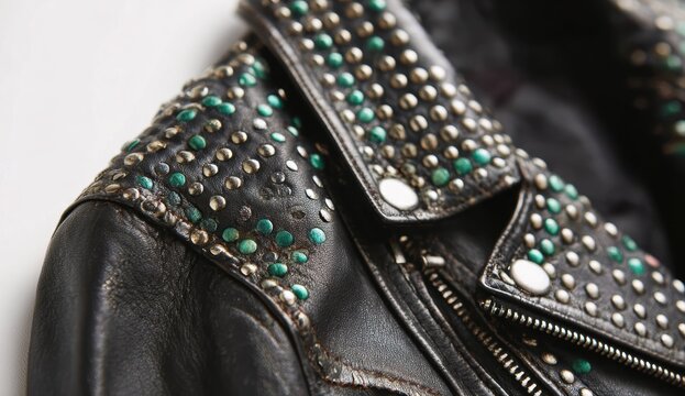 Close-up shot revealing the intricate detailing of a black leather jacket adorned with studs and turquoise accents.