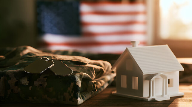 The concept of a veteran's return home with a military uniform, dog tags, and a house model. An American flag is in the background. VA home loans and housing benefits for soldiers