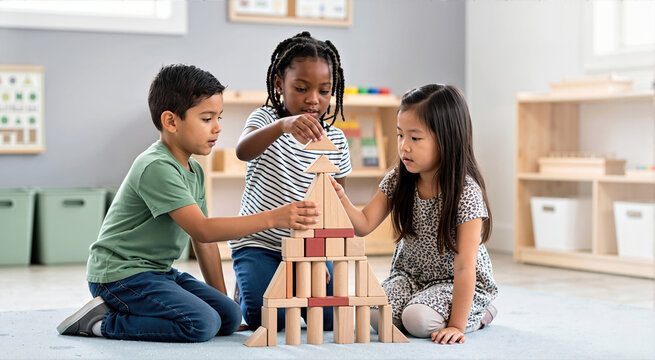 Three diverse children collaborating to build a tall wooden block pyramid on a classroom floor. Happy multiethnic kids playing with educational toys