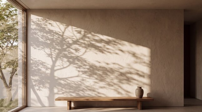 Minimalist Interior Wall with Tree Shadows and Wooden Bench